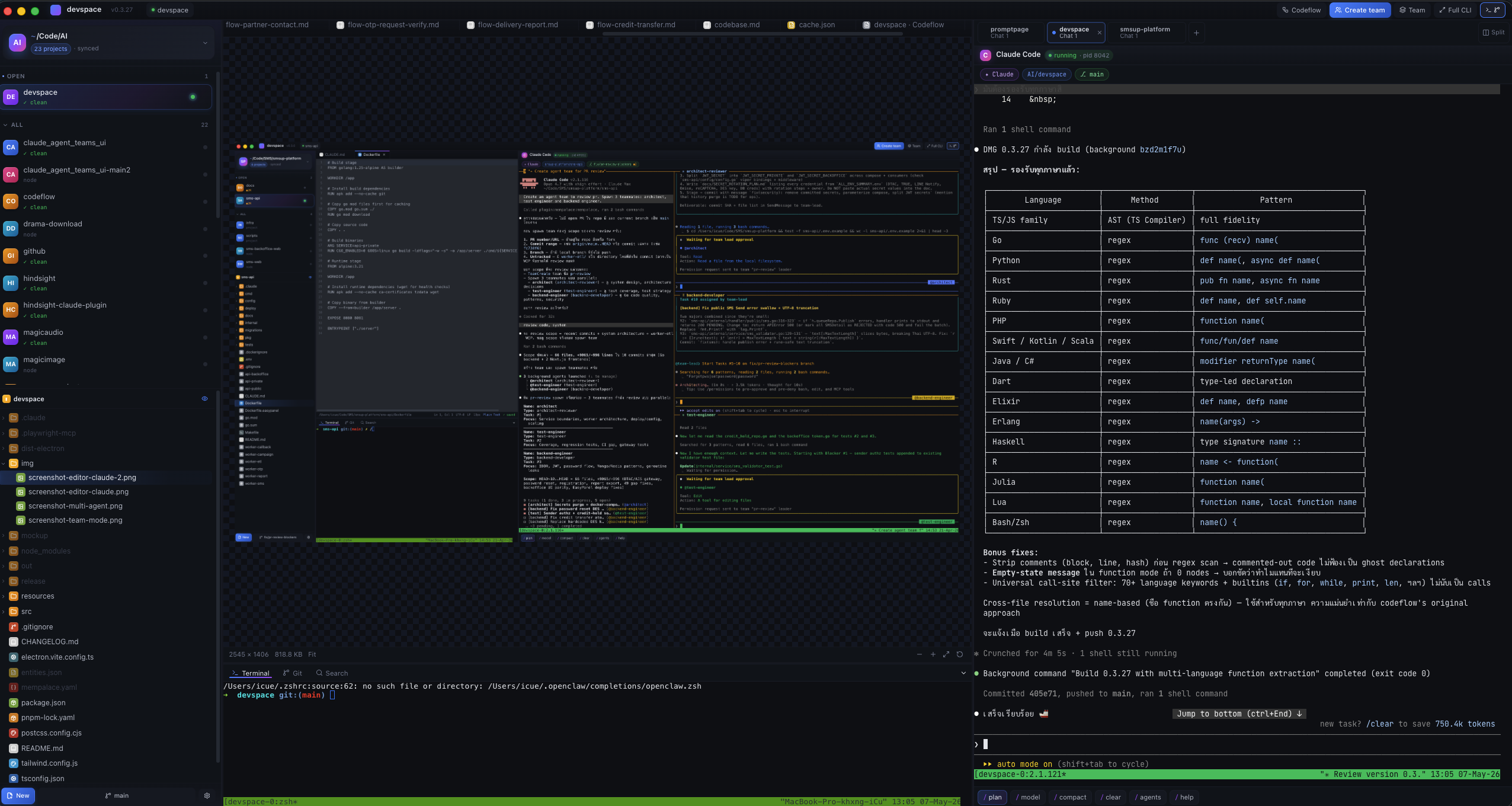 DevSpace split-pane editor with multiple files open.